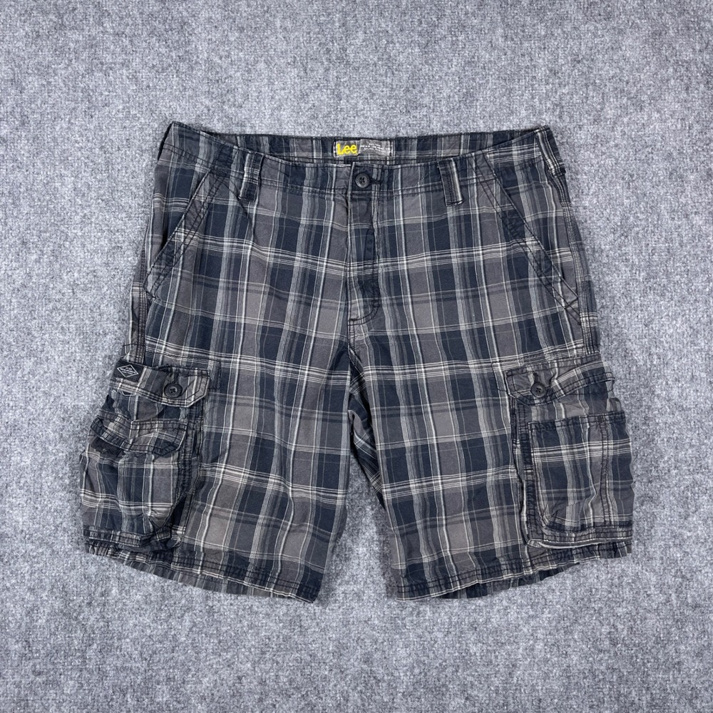Lee Cargo Plaid Shorts Mens 36 Grey Black Cotton Relaxed Fit Utility